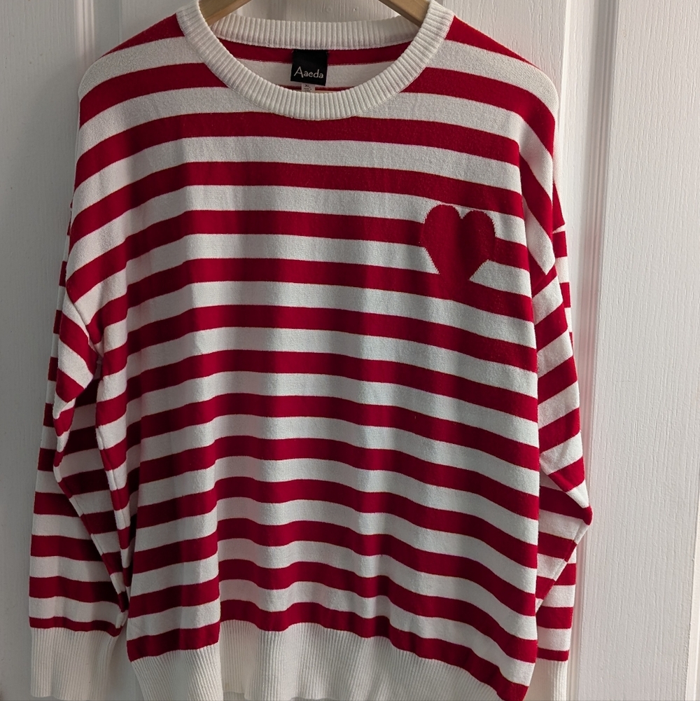 Red and White Striped Heart Sweater